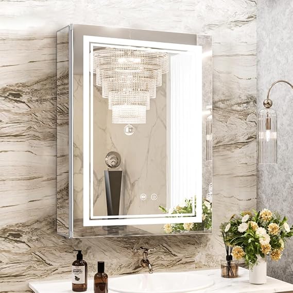 High-End Led Mirror Cabinet,Lighted Mirror Cabinet,3 Colors&Dimmable,Demister,Lighted Glass Shelf,USB Shaver Socket,Surface Mount or Recess Mount,51×71cm