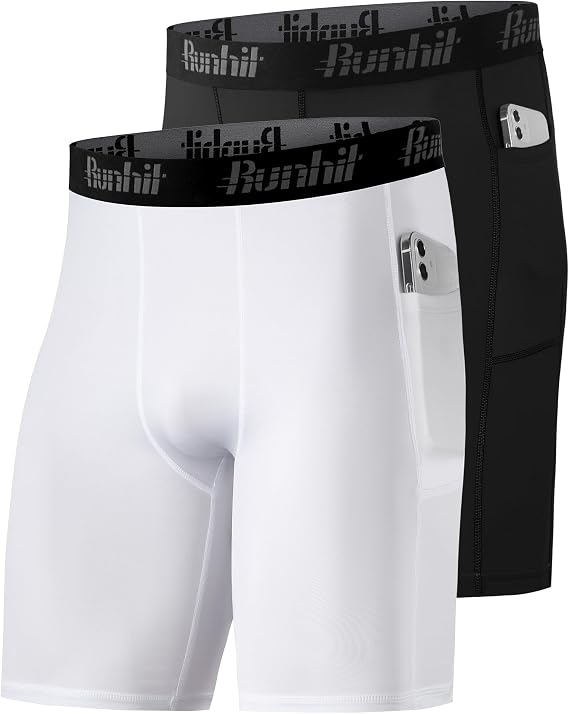 Runhit 1 or 2 Pack Compression Shorts Men with Phone Pockets, Moisture Wicking Anti Chafing Underwear Boxers Base Layer, Quick Dry Sport Tights Undershorts for Running Gym Cycling Workout