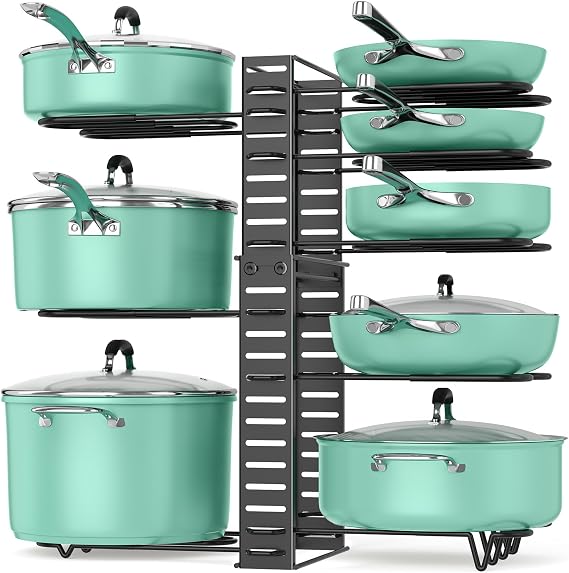 ORDORA Pots and Pans Organizer under Cabinet, 8 Tier Pot Organizers Rack Expandable 11.65" to 19.02" Height with 3 DIY Methods, Adjustable Pan Organizer inside Cabinet Kitchen Storage Organization