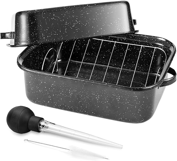 21Inch Roasting Pan, Extra Large Rectangle Roasting Pan with Rack, 25lb Capacity, Large Roaster pan for Baking Turkey, V-Rack and Versatile Lid Bone Turkey Baster by DIMESHY