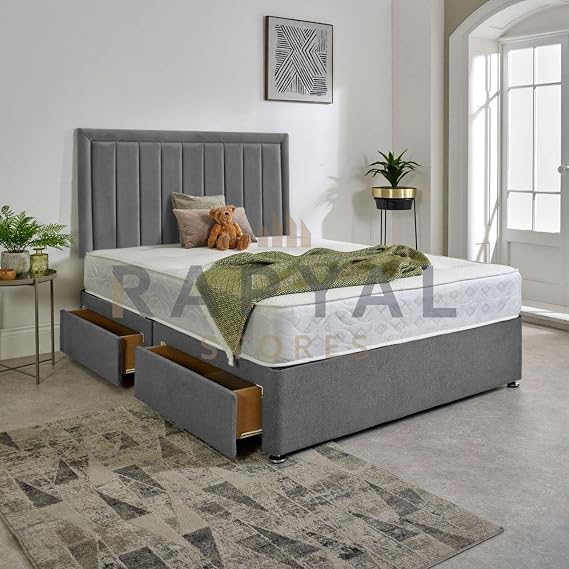 Luxe Plush Divan Bed + Memory Sprung Mattress + 24” Headboard (Grey, Single, No Drawers)