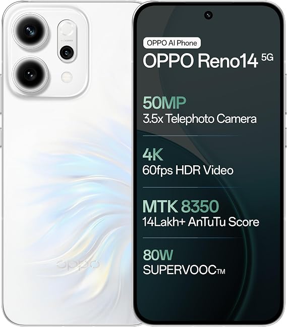 OPPO Reno14 5G (Pearl White, 12 GB RAM, 512 GB Storage) with No Cost EMI/Additional Trade-In Offers