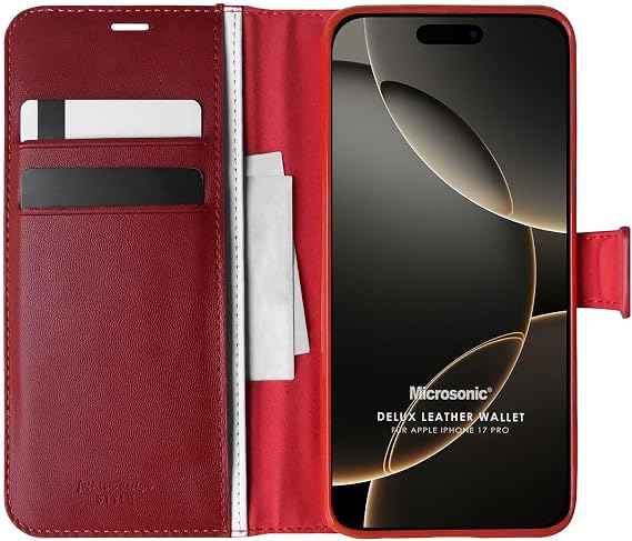 Microsonic Apple iPhone 18 Pro için Kılıf Delux Leather Wallet Kırmızı [iPhone 18 Pro ile Uyumlu Kılıf - Kırmızı]