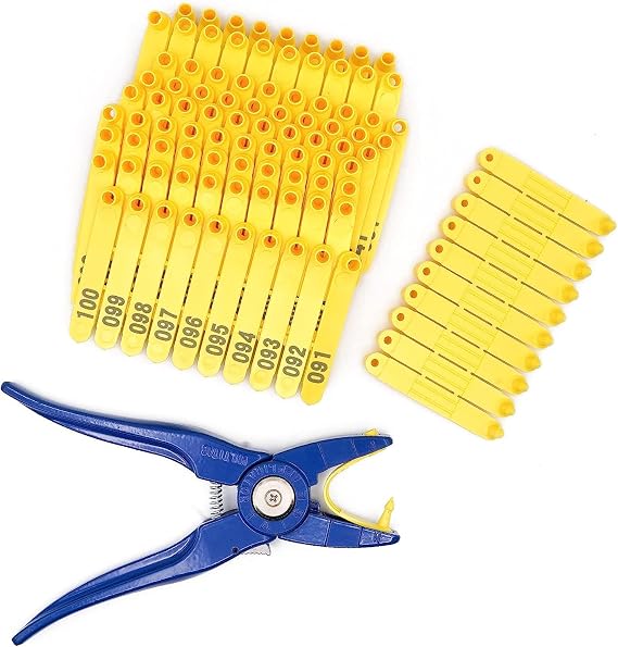 Ear Tag Pliers with 100pcs Ear Tags for Universal Livestock Applicator Sheep Tagger Puncher Farm Animal Tag Plier Tool for Goat Cattle Cow Pig Horse Ear Tags Installation