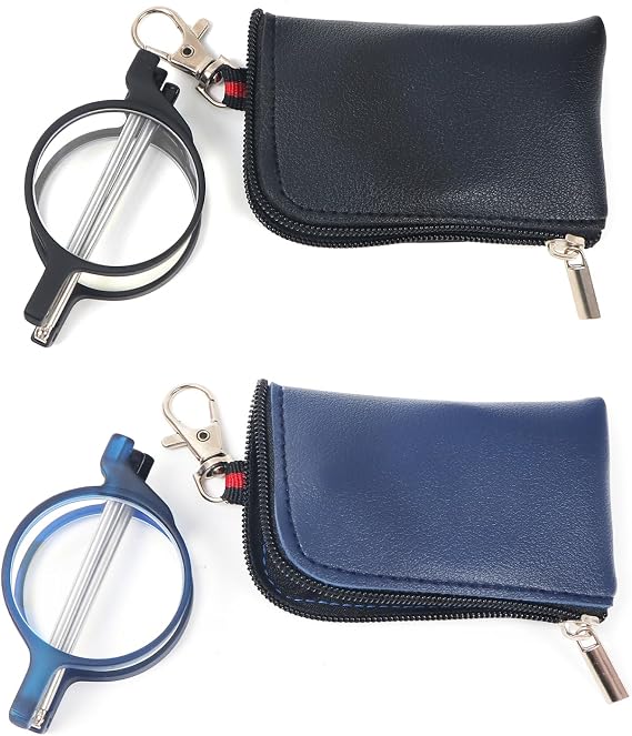 KoKoBin Folding round Reading Glasses with Telescopic Rod and Leather Case Keychain Small Portable Blue Light Blocking Reader for Men and Women