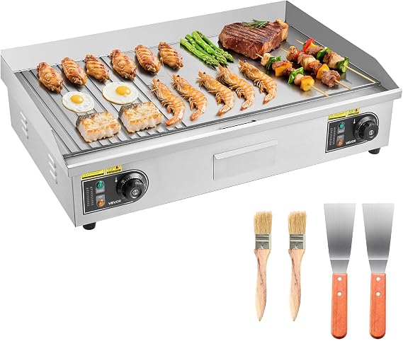 VEVOR Electric Griddle 4400 W 725 x 400 mm, Temperature Control 50 to 300 °C, Stainless Steel Countertop Grill with Flat Surface, 4 Foot Pads, for Meat and Pancakes