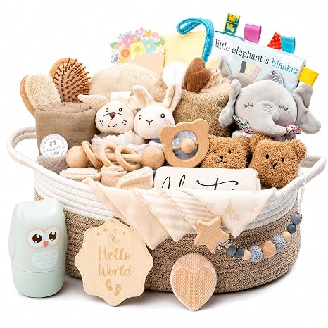 Baby Gift 30-Piece Gift Basket for Newborn Khaki 30-piece baby gift set with hooded bath towel cuddly toy rattle comb and greeting card in a large gift basket.