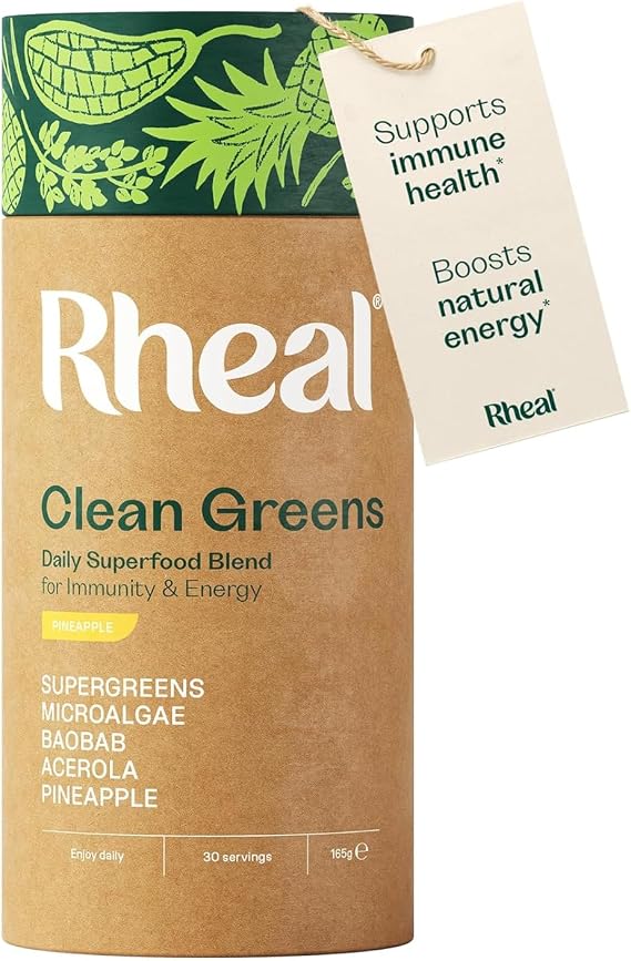 Rheal Clean Greens 165 g, Superfood Greens Powder for Daily Energy & Immunity Support – with Spirulina, Moringa & Wheatgrass – Vegan – 30 Servings, Natural Pineapple Flavour