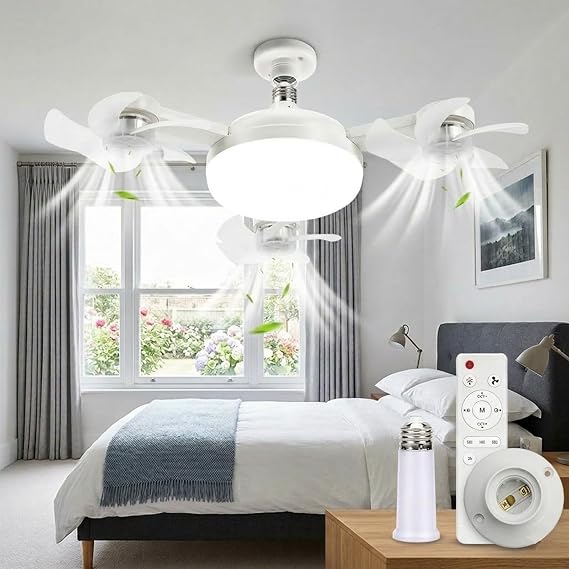 E27 Ceiling Fan with Light and Remote, 50W LED Ceiling Fan Light 3000 to 6500K 3 Colour 3 Speed Dimmable, 3 Head Foldable Ceiling Light with Fan for Bedroom Living Room Kitchen Garage, Base Included [Energy Class A+]