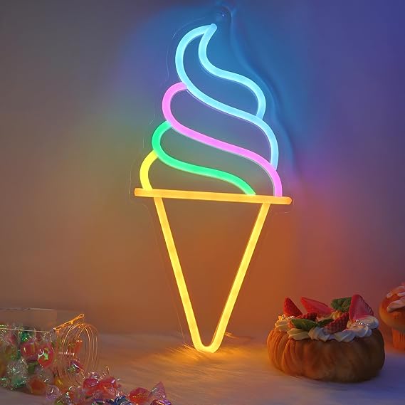 CoolGift Mart Ice Cream Neon Sign - Dimmable LED Light for Ice Cream Shop Wall Decor, USB Powered with 5 Color Lights, Ideal for Business Dessert Store, Bar, Party, Bedroom Decoration [Energy Class G]