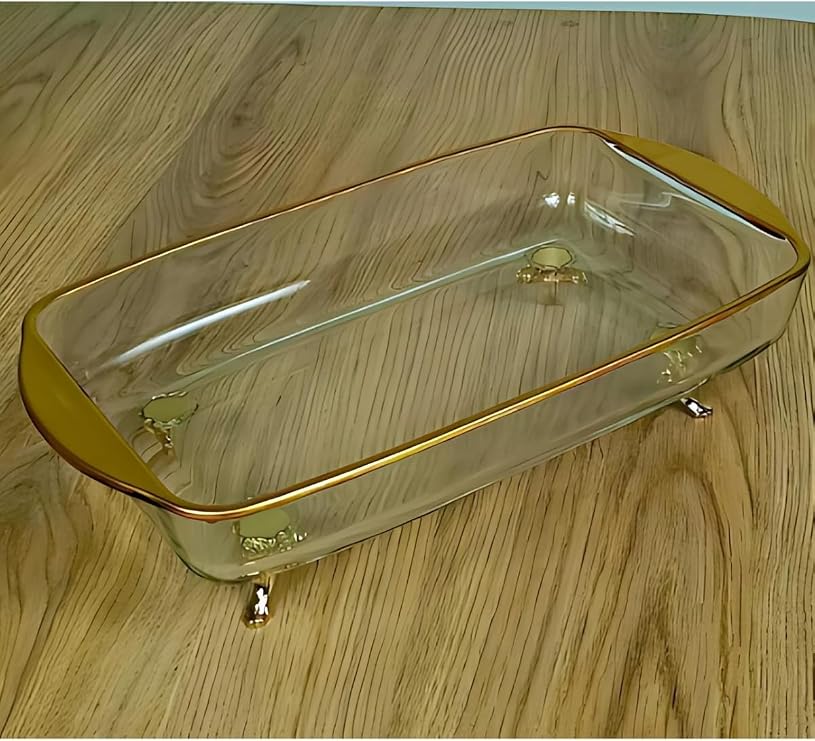 ASSA BAZAAR Mini Altın Boyamalı Ayaklı Derin Borcam Sunum Tepsisi | Gold Metal Ayaklı Cam Tepsi Altın