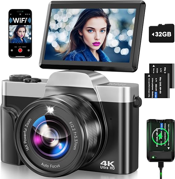 Digital Camera 4K 64MP Autofocus Camera with WiFi 3 Inch 180° Folding Screen Digital Camera with 32GB Card Charging Station 2 Batteries Camera Compact Camera for Beginners Teenagers Black