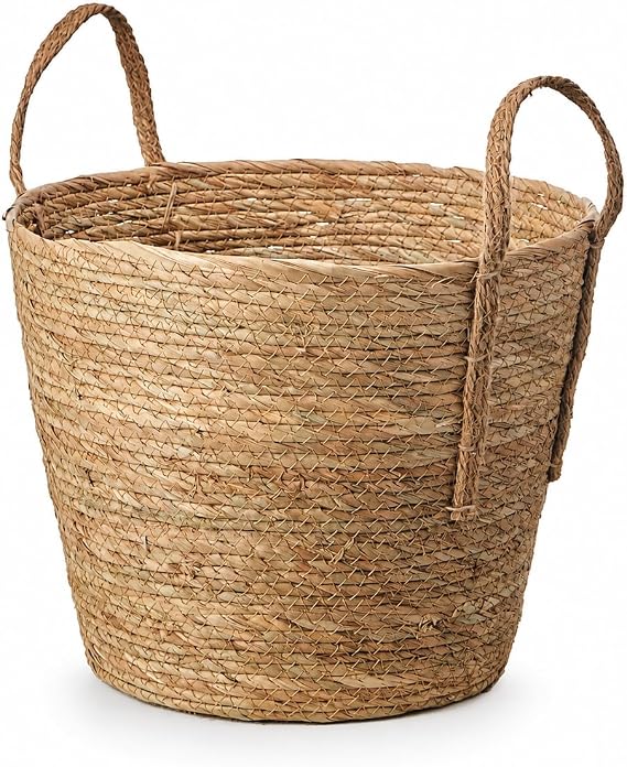 Eden & Willow Natural Straw Woven Storage Basket with Handles | Storage Organizer for Home Decor | Rustic Wicker Basket for Blankets, Plants, Toys, Laundry (Large)