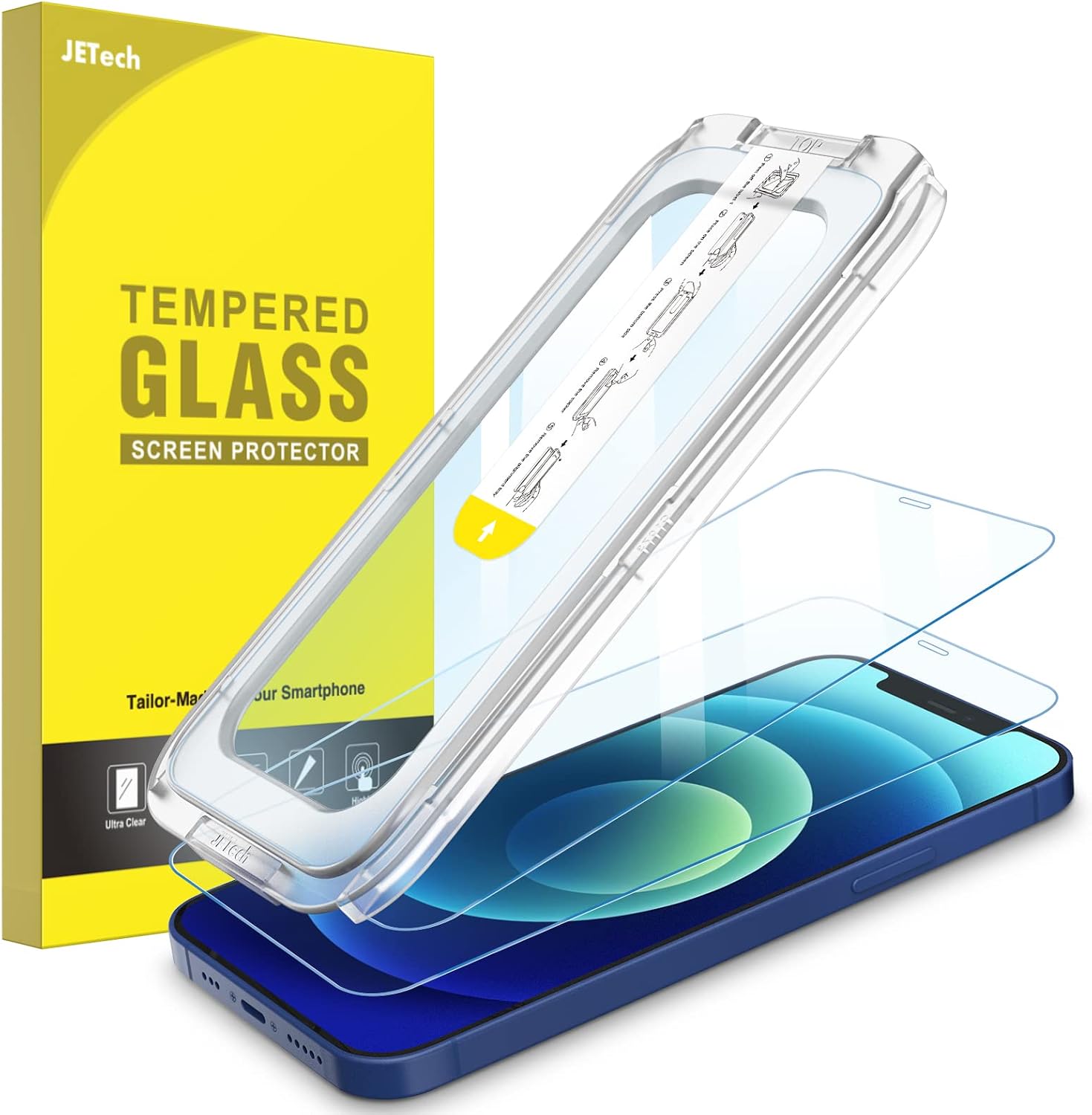 JETech One Touch Install Screen Protector for iPhone 1212 Pro 6.1-Inch, Full Coverage Tempered Glass Film, Auto Alignment Tool Kit, HD Clear, 2-Pack
