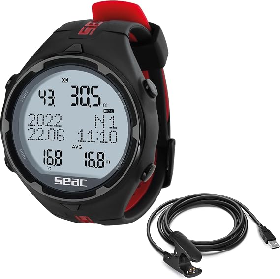 Seac Action, Dive Computer with Scuba and Freediving Mode, Dive Logbook, Dive Planner, Safety Alarms, black/red HR +USB