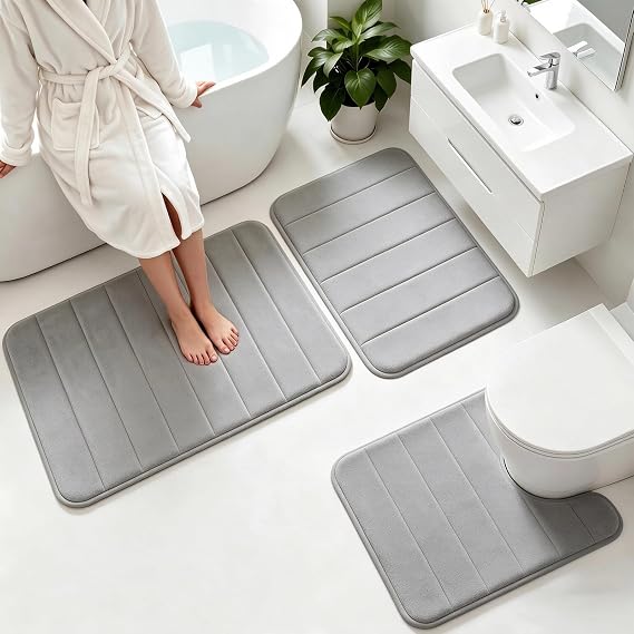 Memory Foam Bath Mat Sets 3 Piece, Grey