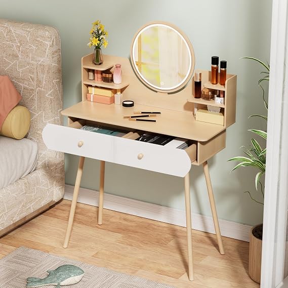 Vanity Desk with Mirror and LED Lights, 2 Drawers 31.5" Small Wooden Dressing Table for Bedroom, Wood Makeup Vanity Table with Open Storage Shelves, Modern Make Up Desk with Lights for Girls Gifts Wo
