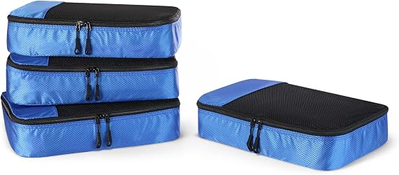 Amazon Essentials 4-Piece Packing Cubes Travel Accessories Set, Luggage Organiser with Double Zip, Mesh Top, 100% Polyester, Medium, Blue (Previously Amazon Basics)