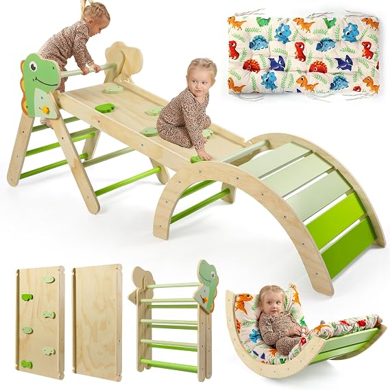 Climbing Frame with Soft Cushion, 7 in 1 Foldable Indoor Climbing Frame, Montessori Baby Toddler Climbing Toys Indoor, Climber Indoor Set with Arch, Ramp, Ladder (Dinosaur)