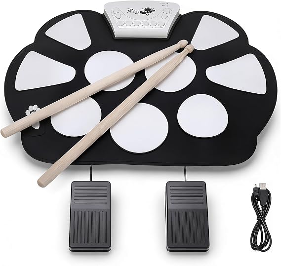 Electronic Drum Kit 15.4 x 11 Inch E-Drum Sets Rollable Electronic Drum Kit for Adults Students Beginners 9 Pads Portable Roll-up E-Drum Kit with Drum Stick Foot Pedal USB Cable