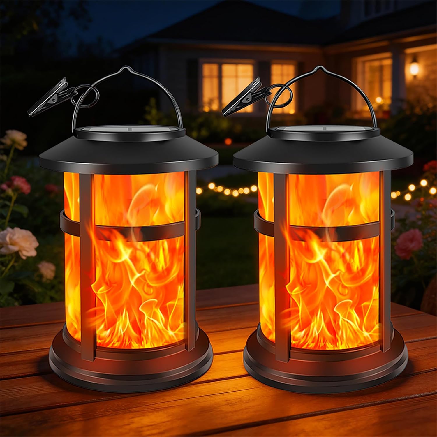SCNNC Flickering Flame Solar Lantern Outdoor Garden Hanging Waterproof, 2 Modes Warm White Hanging Solar Lights Outdoor Garden Ornaments for Decoration Pathway Yard Patio Gift, Pack of 2 [Energy Class A]