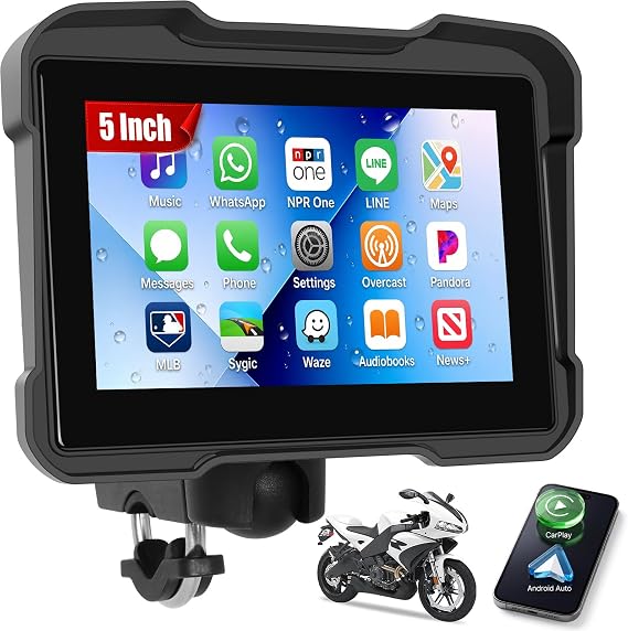 CarPlay Screen for Motorcycle, Wireless CarPlay and Android Auto, 5 inch IPS Waterproof Portable Radio with AirPlay, Mirror Link, Bluetooth, EQ, TF Port