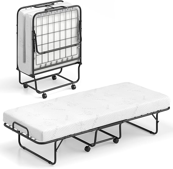 COSTWAY Folding Bed with 10cm Luxurious Memory Foam Mattress, Portable Foldable Rollaway Guest Beds on Wheels, Metal Frame Compact Single Fold up Bed Office Camp Sleeper for Adults Teens, 190x80cm