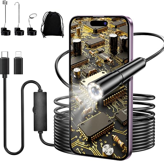 Endoscope Camera with Light, 8mm 1920HD Inspection Camera with 6 LED, IP67 Waterproof Snake Camera with 5m Semi-Rigid Cable, Borescope for Android & iOS, Endoscope for Auto Repair, Plumbing