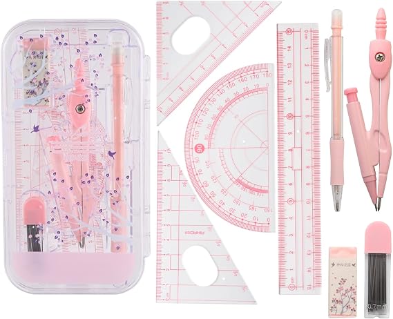 8 Pcs Math Geometry Set, Geometry Compass Sets,Compass and Protractor | Mechanical Pencil with Leads, 10 CM Ruler, 180° Protractor, Plastic Case, for School, Office, Home, Learning Exams, Drawing
