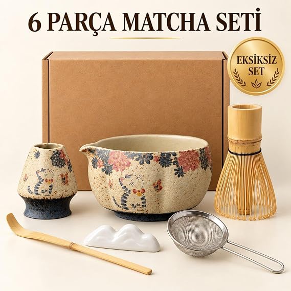 Valkyrie Kedili 6 Parça Matcha Seti Chasen Çırpıcı Chawan Kase Chashaku Kaşık Stand ve Süzgeç