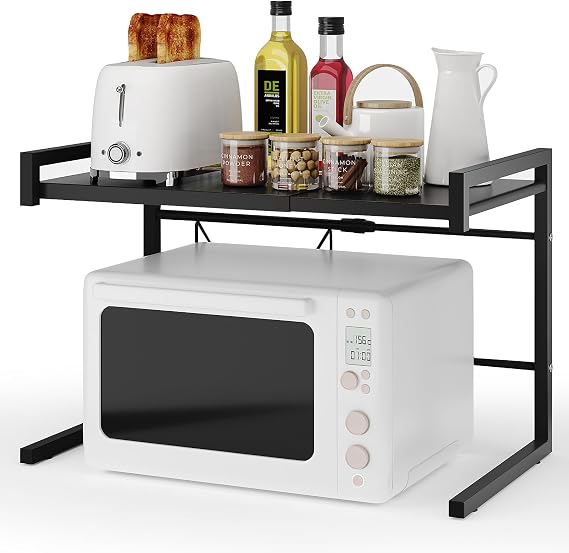 BTGGG Expandable Microwave Shelf Stand 2 Tier Metal Microwave Oven Rack Microwave Stand Baker's Rack Kitchen Counter Storage Organiser Space Saver Shelf with 4 Hooks, 44lbs/20kg Load Bearing