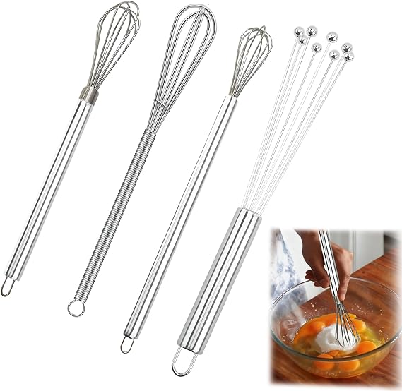 Whisk Set of 4 Whisk Small Whisk Ball Whisk Stainless Steel Easy to Clean and a Versatile Kitchen Utensil