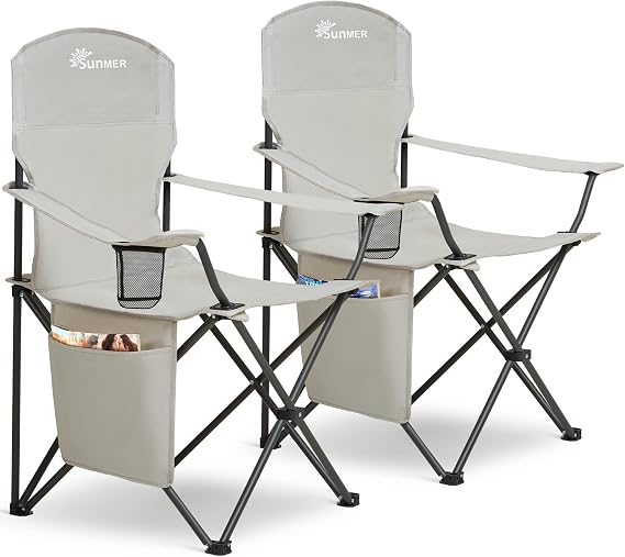 SUNMER Folding Camping Chairs - Set of 2, Extra-Wide Lightweight Outdoor Chairs with Armrests, Cup Holder and a Side Pocket - 120kg Capacity per Chair - Professional Travel & Garden Seating - Grey