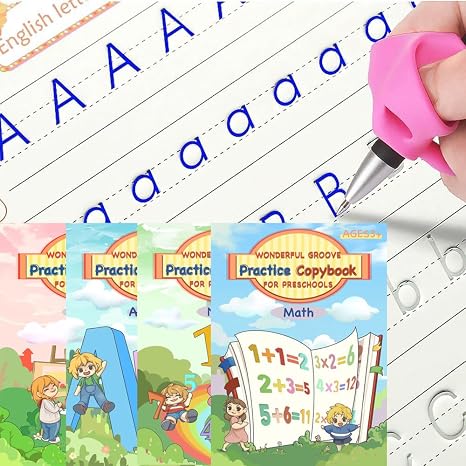 Magic Grooved Writing Practice Book, Reusable Slotted Handwriting Workbooks, Letter Tracing for Kids Ages 3-5 (4 Books)