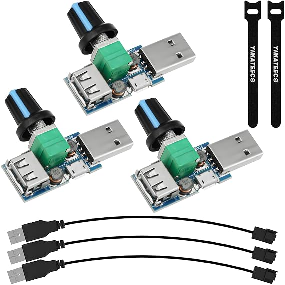 USB Fan Speed Controller 3 Pieces DC 5 V Continuous Fan Speed Controller Control Button Switch Fan Controller with USB to 4-Pin CPU Fan Adapter Cable (DC 4-12 V to 2.5-7.5 V 5 W)
