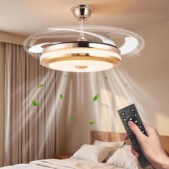 42 Inch Retractable Ceiling Fan with Light and Remote Control, Modern Fandelier with 6-Speed Quiet Reversible DC Motor, 3 Color Dimmable LED, Flush Mount Chandelier Fan for Bedroom [Energy Class A+++]