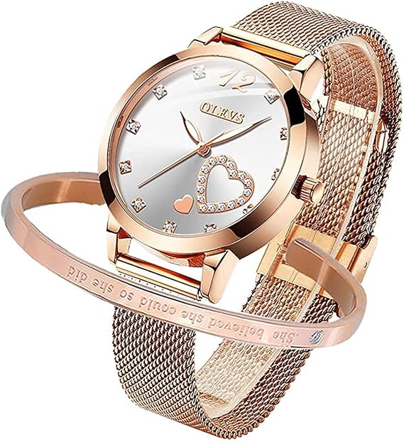 OLEVS Women's Wristwatch Set, Easy to Read Wristwatch with Bracelet, High Quality Stainless Steel, Calendar, Water Resistant to 3 ATM, Luminous, Gold