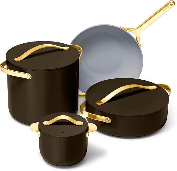 Caraway Specialty Cookware+ Collection 8-pc Pot & Pan Set with Storage | Non-Stick Ceramic-Coated Petite Cooker, Stir Fry Pan, Rondeau, and Stock Pot, 3 Lids and Storage Organizer Included, Black