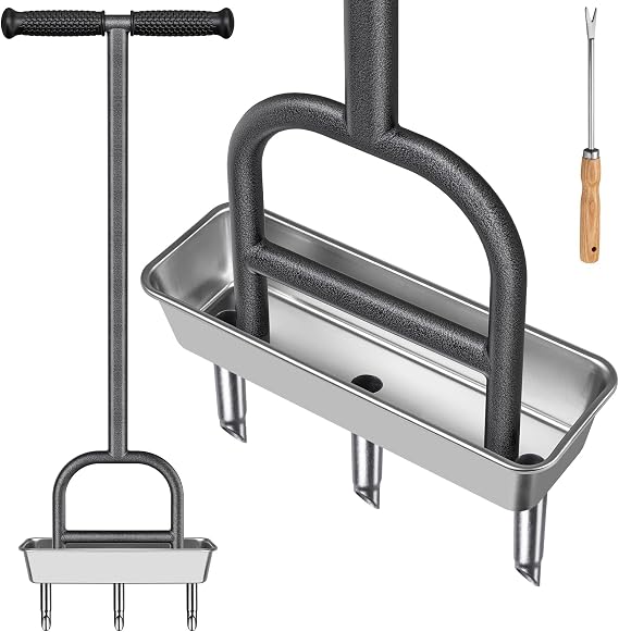 Dolibest Lawn Coring Aerator, Manual Grass Ventilation Tool with Stainless Steel Soil Core Storage Tray, 3 Stainless Steel Core Plug Aerator Tools, Garden Tools & Clean Hand Tools, Improve Lawn Health