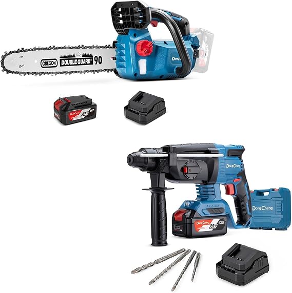 Dong Cheng 20V 12"(30cm) Brushless Cordless Chainsaw+Dong Cheng 20V MAX SDS-Plus 2.8J Cordless Brushless Rotary Hammer Drill
