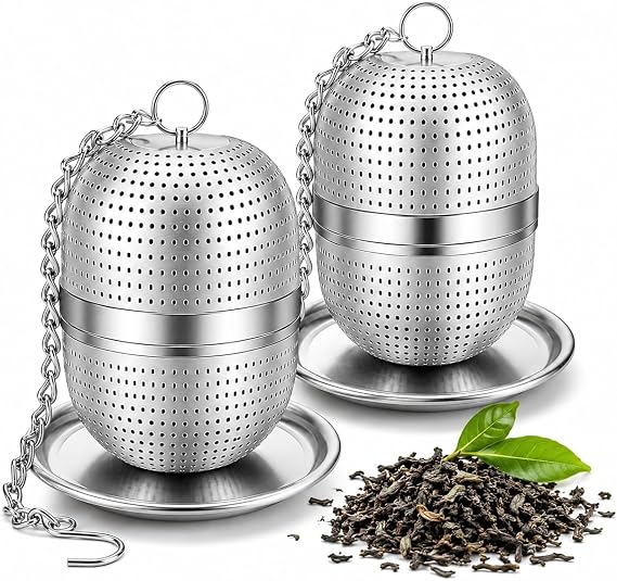 Tea Infuser 2 Pack, 304 Stainless Steel Tea Ball Strainers with Drip Trays