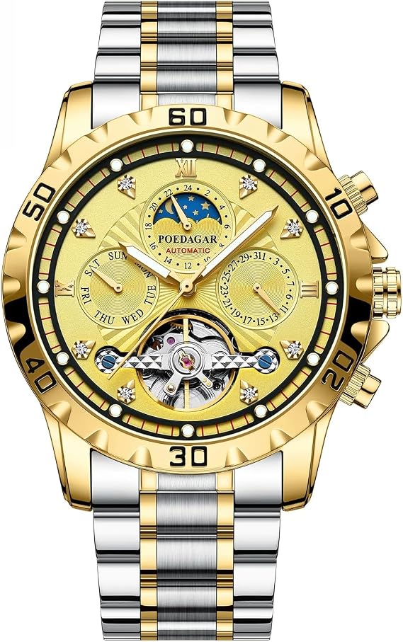 Poedagar Luxury Automatic Mechanical Watch Tourbillon Waterproof Luminous Date Week Men Wristwatch Stainless Steel Men's Watches, Yellow