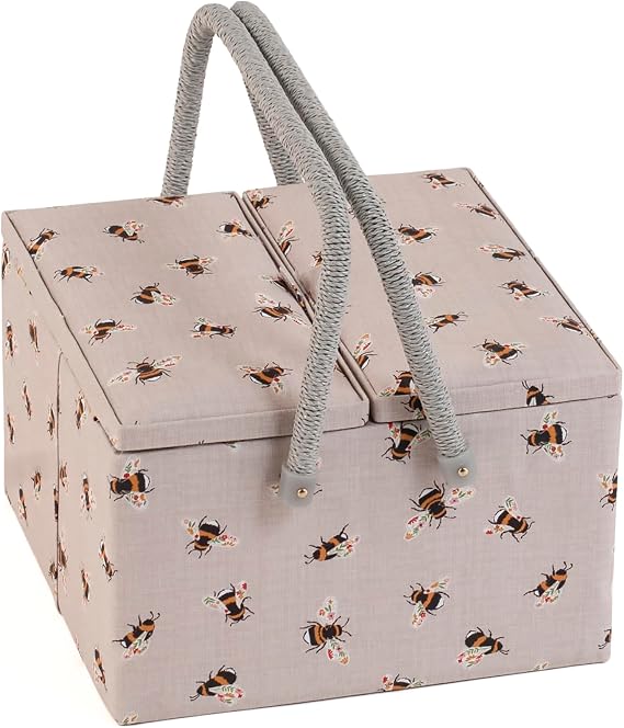 Hobby Gift Large Sewing Box Organiser Twin Lid with Handle - Cotton Basket Sewing Storage Box, Craft Storage Boxes with Compartments for Tools & Accessories - 25 x 25 x 17cm, Bees