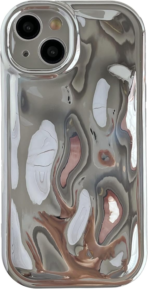 Caseative Cute Water Ripple Shape Chrome Plating Electroplated Camera Lens Protection Soft Compatible with iPhone Case (Silver,iPhone 14)