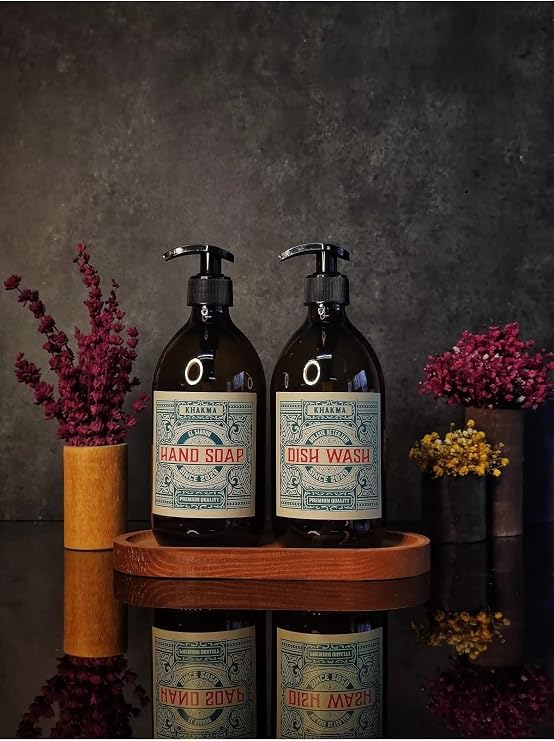 KHAKMA Ahşap Stantlı 500 ml amber renkli 2'li vintage cam sabunluk seti vintage2stantlısetsabunluk
