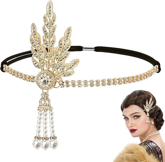 1920s Headband Flapper Leaf, Great Gatsby Accessories, Vintage Tassel Head Wear, Rhinestone Headpiece Pearl Headdress, Theme Party Activities Headwear Carnival