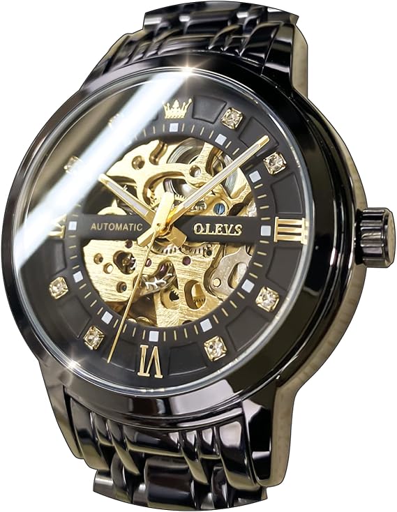 OLEVS Men's Gold Skeleton Watch Automatic Mechanical Automatic Luxury Dress Stainless Steel Waterproof Luminous Wrist Watch, all black, Bracelet