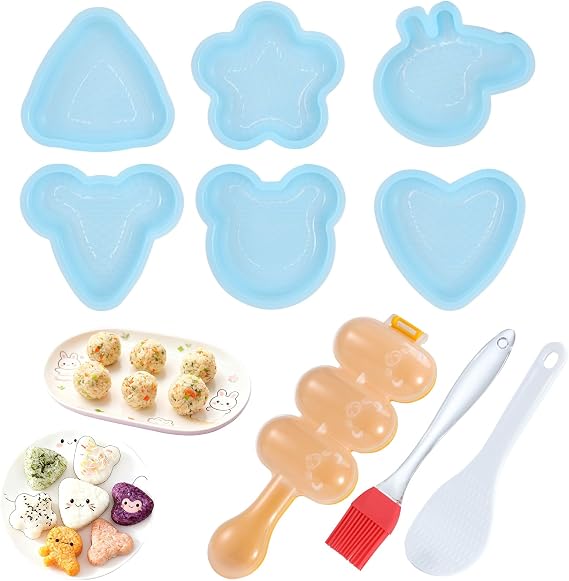 Onigiri Mold, 9 Pcs Triangle Rice Ball Mold Sushi Maker Kit Musubi Press with Rice Paddle and Brush for Lunch Bento and Beginners(Blue)
