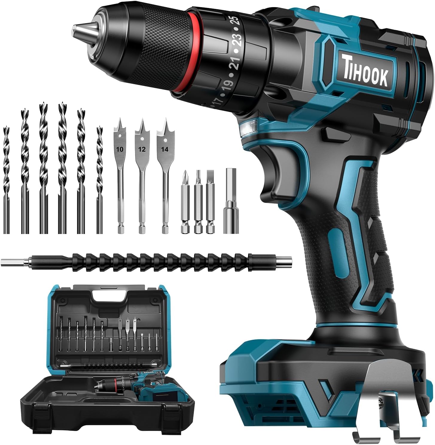Cordless Power Drill Set for Makita 18V Battery, 90N.m Max Brushless Motor Electric Screwdriver, 253 Torque, 38" Chuck, 2 Speed, LED Light, 16Pcs Combi Hammer Drill with Case NO Battery
