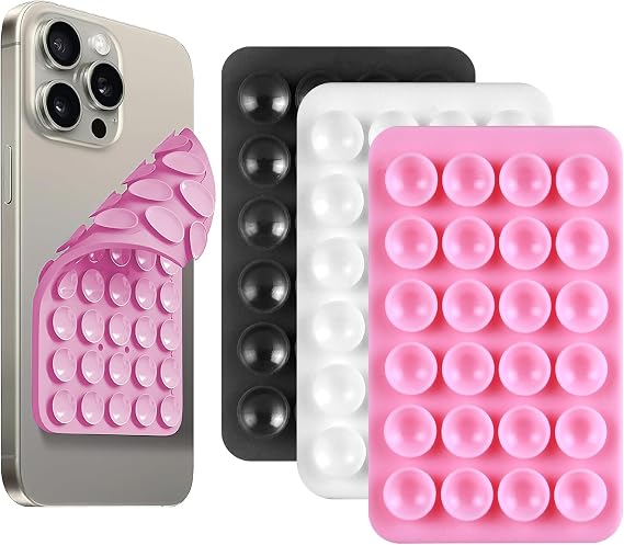 3Pcs Silicone Suction Cup Phone Holder Double Sided 24 Suction Holder Back of Phone Multifunctional Sticky, Anti-Slip Hands-Free, for Shower Mirror Glass Wall Car Selfies Videos(Black White Pink)